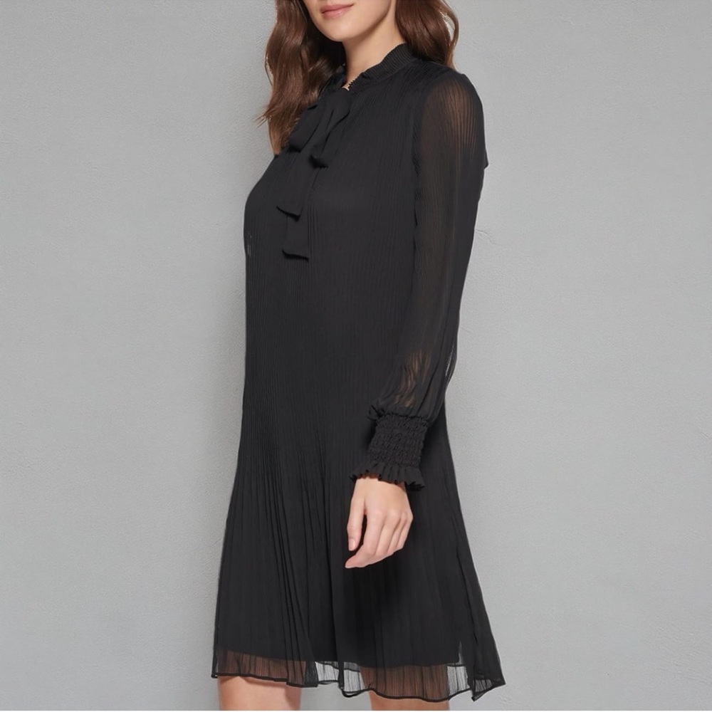 DKNY Womens Sheer Sleeve Tie Neck Pleated Dress Size 10